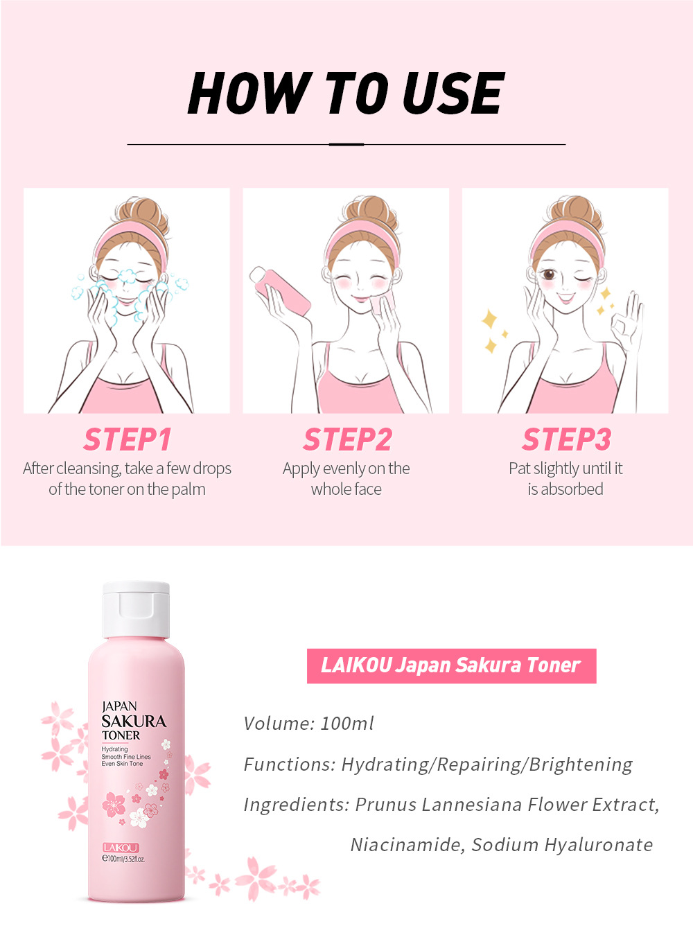 LAIKOU Japanski Sakura tonik 100ml Hidratantni i hidratantni tonik Proizvođač proizvoda za njegu kože_voghion.com