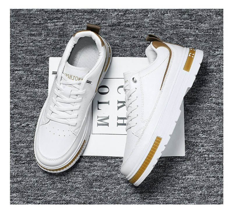 White Leather Men's Casual Trainers Comfortable Walking Shoes_voghion.com