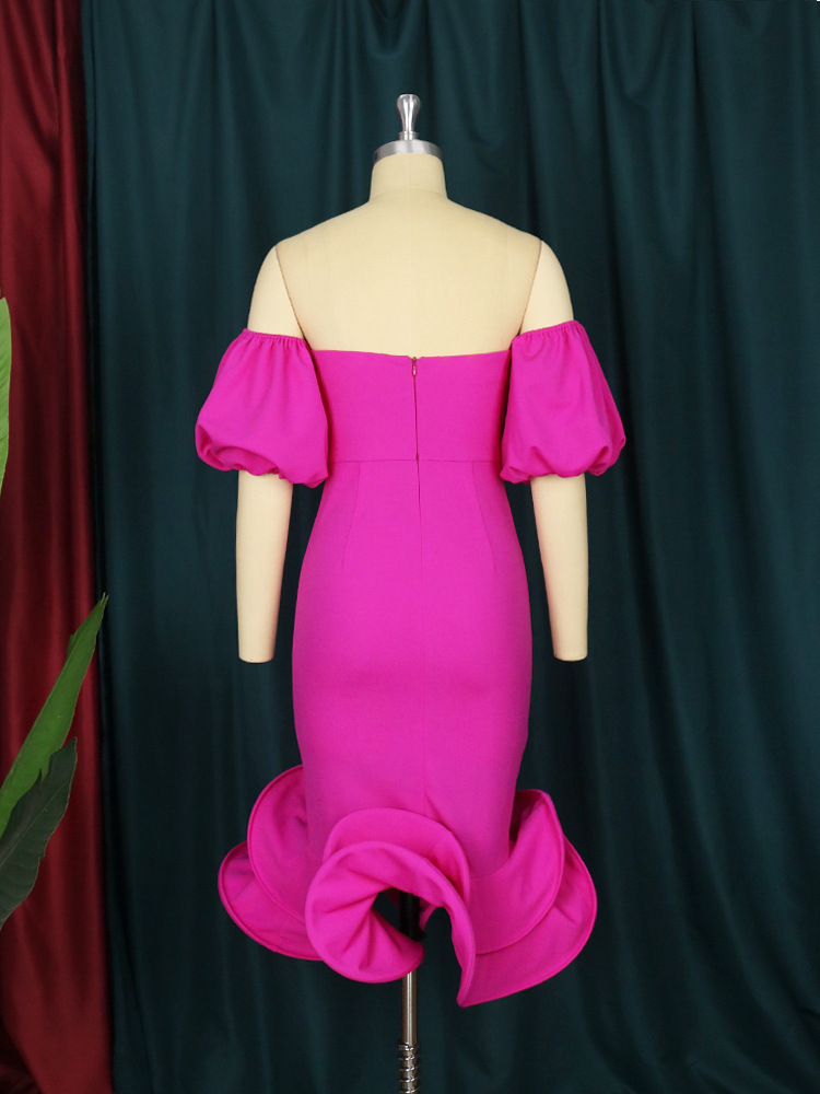 Rochie Midi cu volane, culoare solidă, tub, top, coadă de sirenă, sexy, cu umăr gol, mânecă scurtă și bufantă_voghion.com