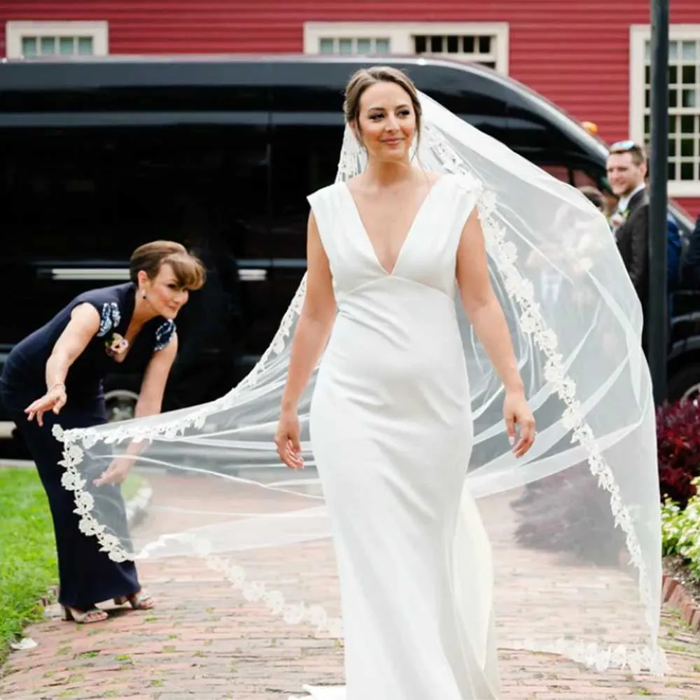 Bijoux de cheveux, longs voiles de mariée avec peigne, voile à 1 niveau, bord festonné, bordure en dentelle, longueur cathédrale, accessoires de mariage pour_voghion.com