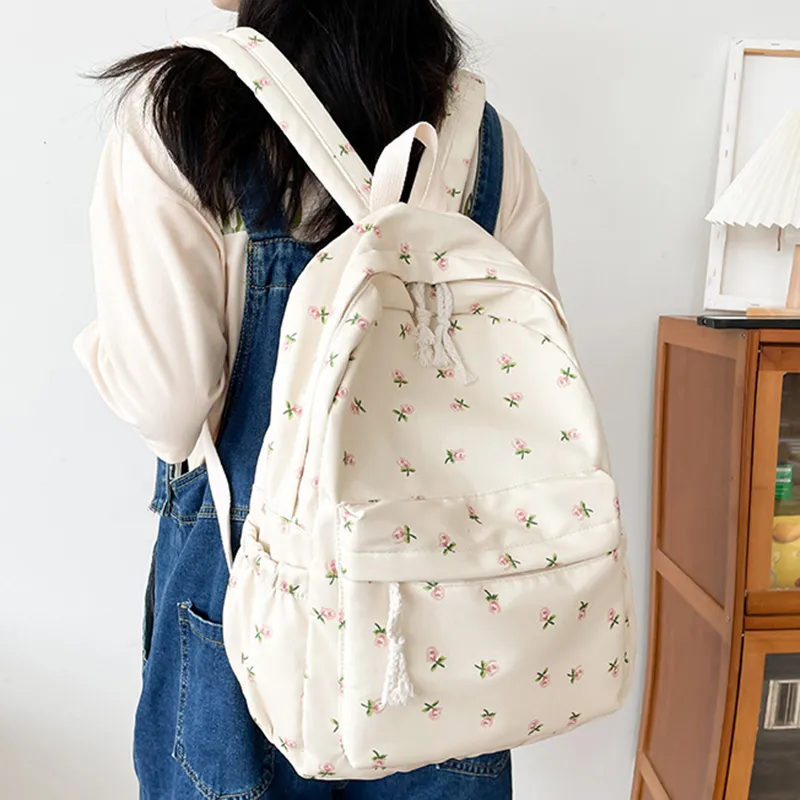Korean Version Nylon Floral Flower Fashion Junior High School Backpack Travel Bag_voghion.com