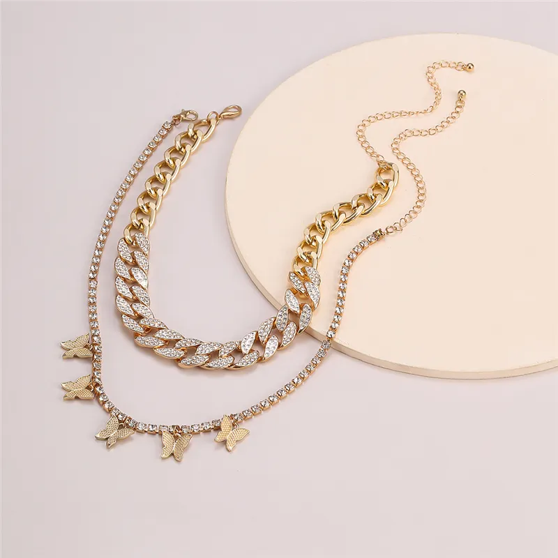 Butterfly Pendant Cuban Link Layered Necklace For Women Bling_voghion.com