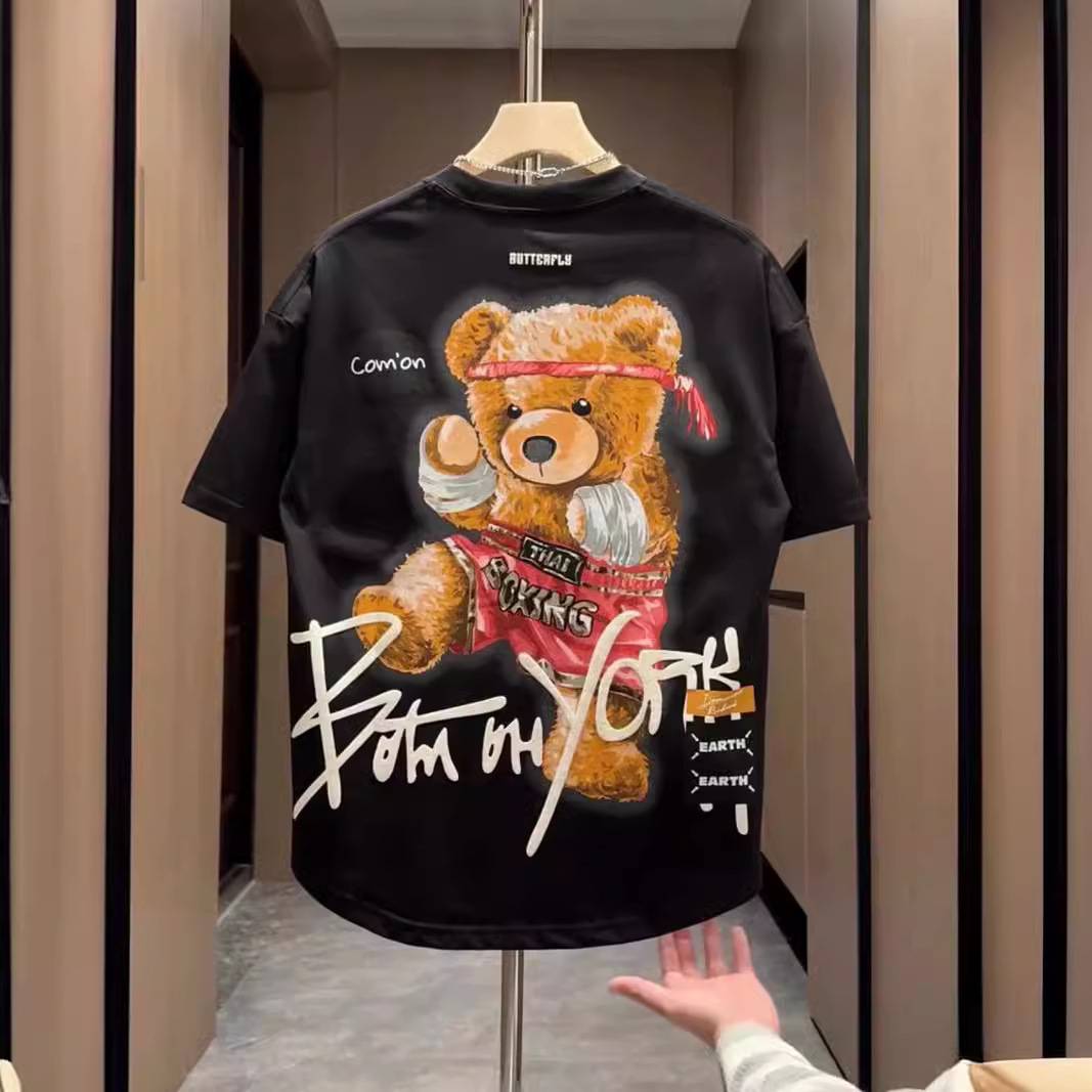 Men's Clothing 2025 Summer New Men's All-match Bear Painted Printed Short-sleeved T-shirt