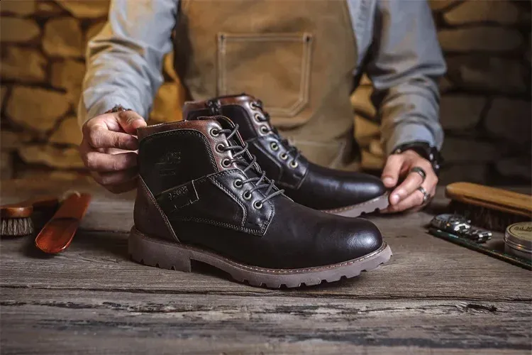 Bottines de travail en cuir marron pour homme, faites à la main, pour l'automne et l'hiver, style vintage, en tendon de bœuf, 240830_voghion.com