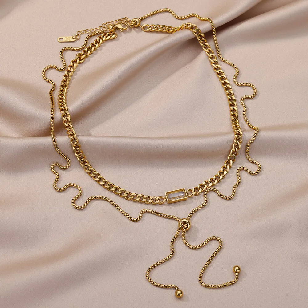 Collane con ciondolo in acciaio inossidabile, cristallo quadrato, zircone, per donna, collana girocollo a catena cubana multistrato, matrimonio_voghion.com