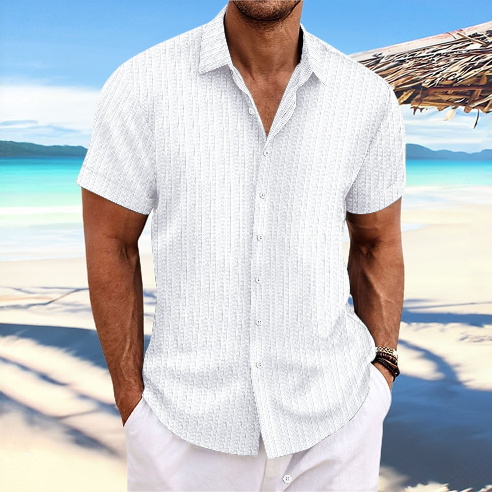 Chemise ample à manches courtes pour homme, vêtement de vacances, en coton et lin, rayé, Jacquard, décontracté, nouvelle collection printemps et été 2024