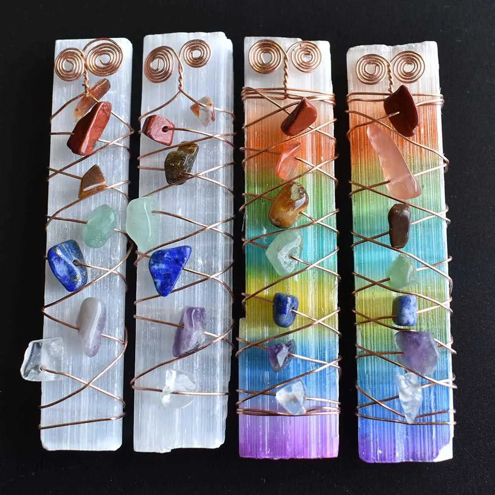 7 cristaux de guérison des chakras, perles en fil de fer enroulé, bâton de sélénite brute pour la méditation du yoga, spirituel, Reiki_voghion.com