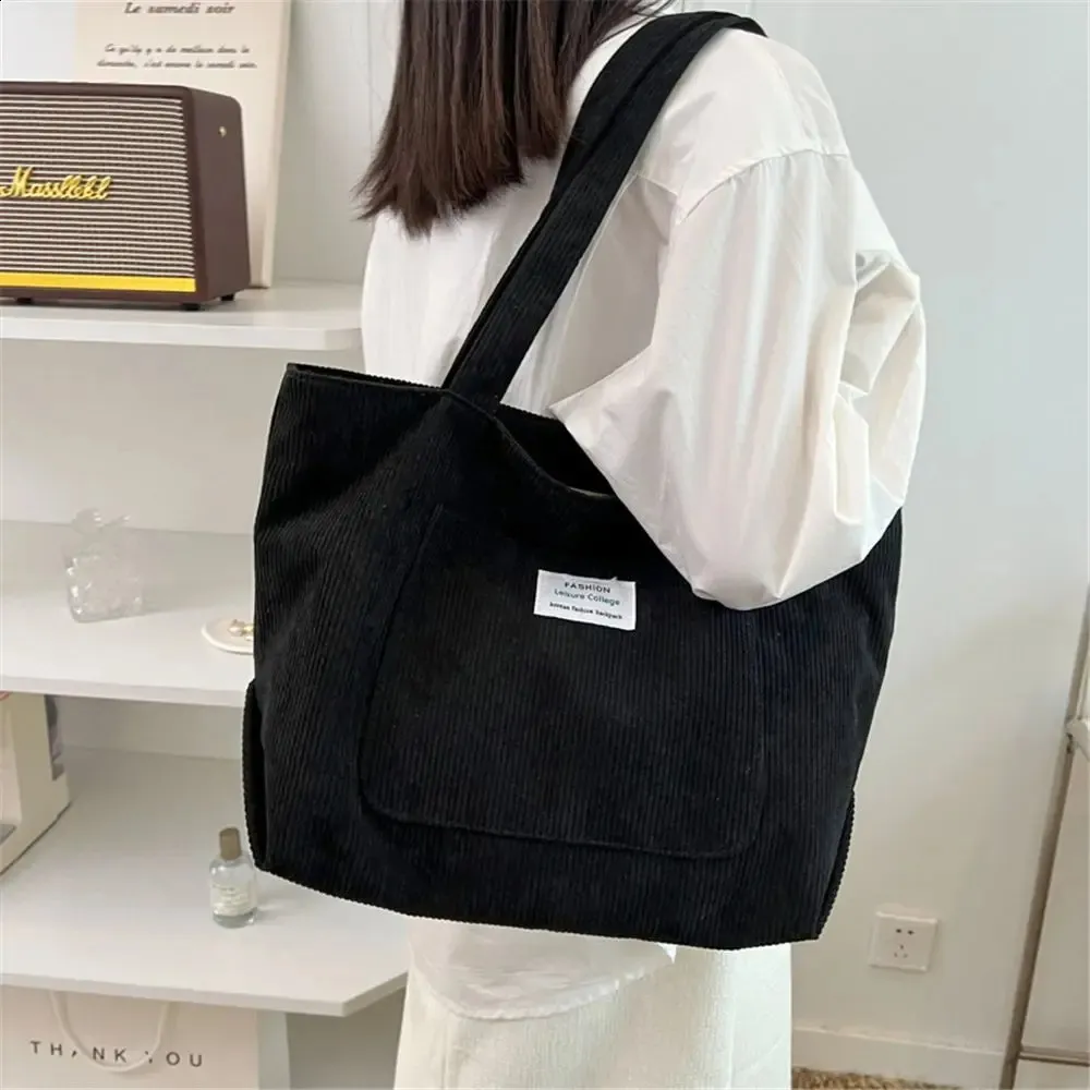 Dame skulderhåndtasker Corduroy tote stor indkøbstaske 240822_voghion.com