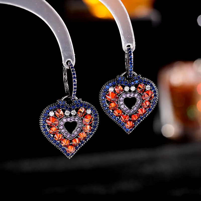Shaped Earring Retro Colored Micro Inlaid Zircon Geometric Women's Fashion Heavy Industry Peach Heart Earrings Designer_voghion.com