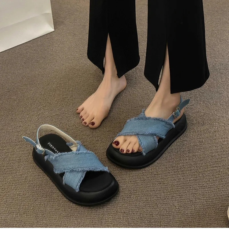 Gladiator Sandals For Women Denim Thick Sole Elegant Beach Shoes_voghion.com