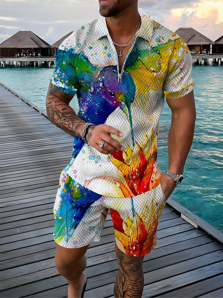 Men's 2pcs, Red Dots Pattern, Trendy Comfy Zip Polo And Plain Drawstring Waistband Shorts Set_voghion.com