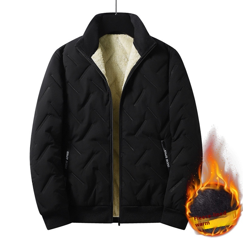 Men’s winter thick lambskin with added fleece, warm and loose standing collar jacket, dad’s cotton jacket