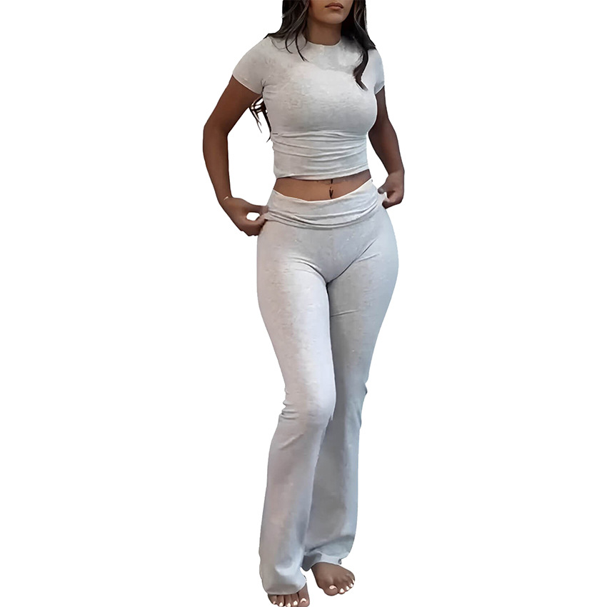 Hot Sale Casual Workout Women's Two Piece Set Round Neck T-shirt Low Waist Flare Pants Tracksuit Outfit