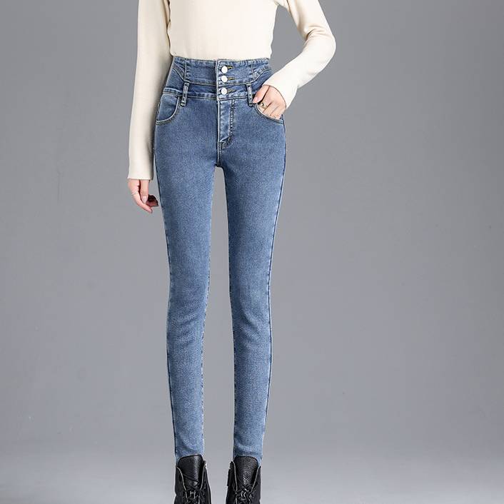 ​​"Women's High-Waisted Fleece-Lined Skinny Jeans – Stretch Denim Pants With Button Details (Black/Retro Blue/Smoke Grey, Sizes 25-32)"​​_mkmklike.com