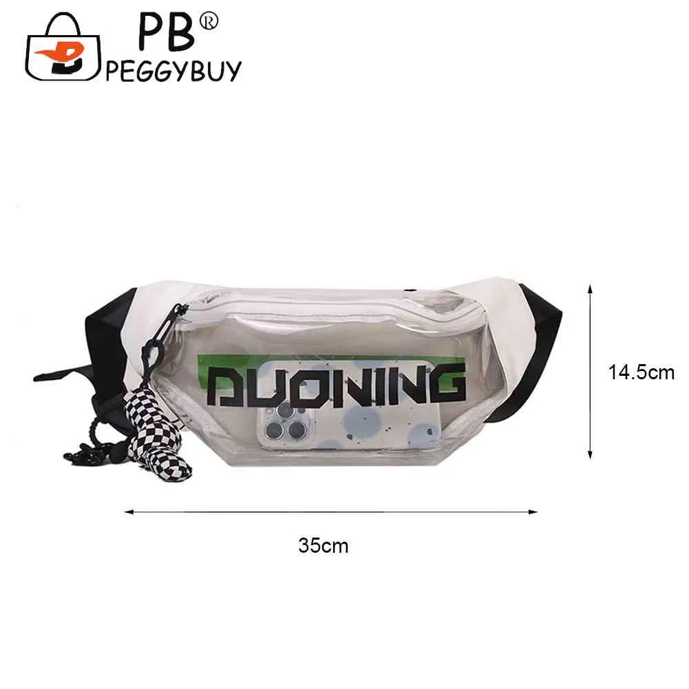 Fashion Fanny Packs Unisex Clear PVC Waist Pouch Multi-functional Letter Printed With Pendant Adjustable Buckle Strap_voghion.com