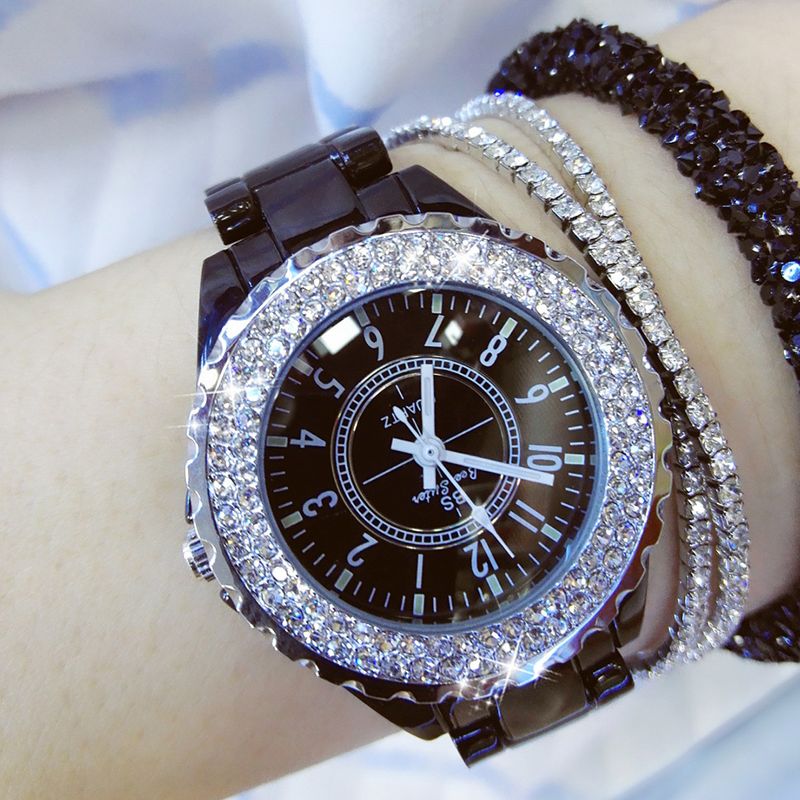 Yamaler elegante strass ceramica cinturino da donna rotondo analogico orologio da polso al quarzo regalo_voghion.com