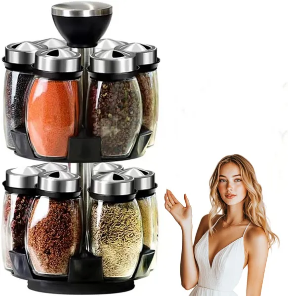 12 Glass Jar Bottles Set Revolving Spice Rack Organizer Storage For Kitchen, Spice Stand Holder, Spinning Countertop Herb And Spice Rack Organizer W_voghion.com