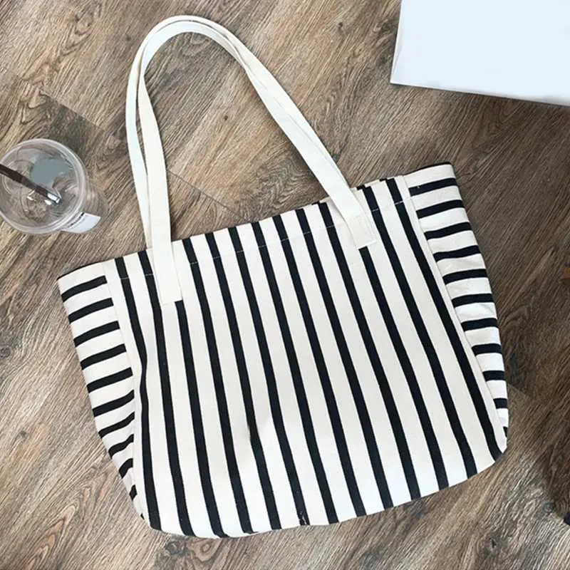 New Beach Handbag Fi Wen Canvas Summer Large Capacity Strip Shopping Bag Y241109_voghion.com