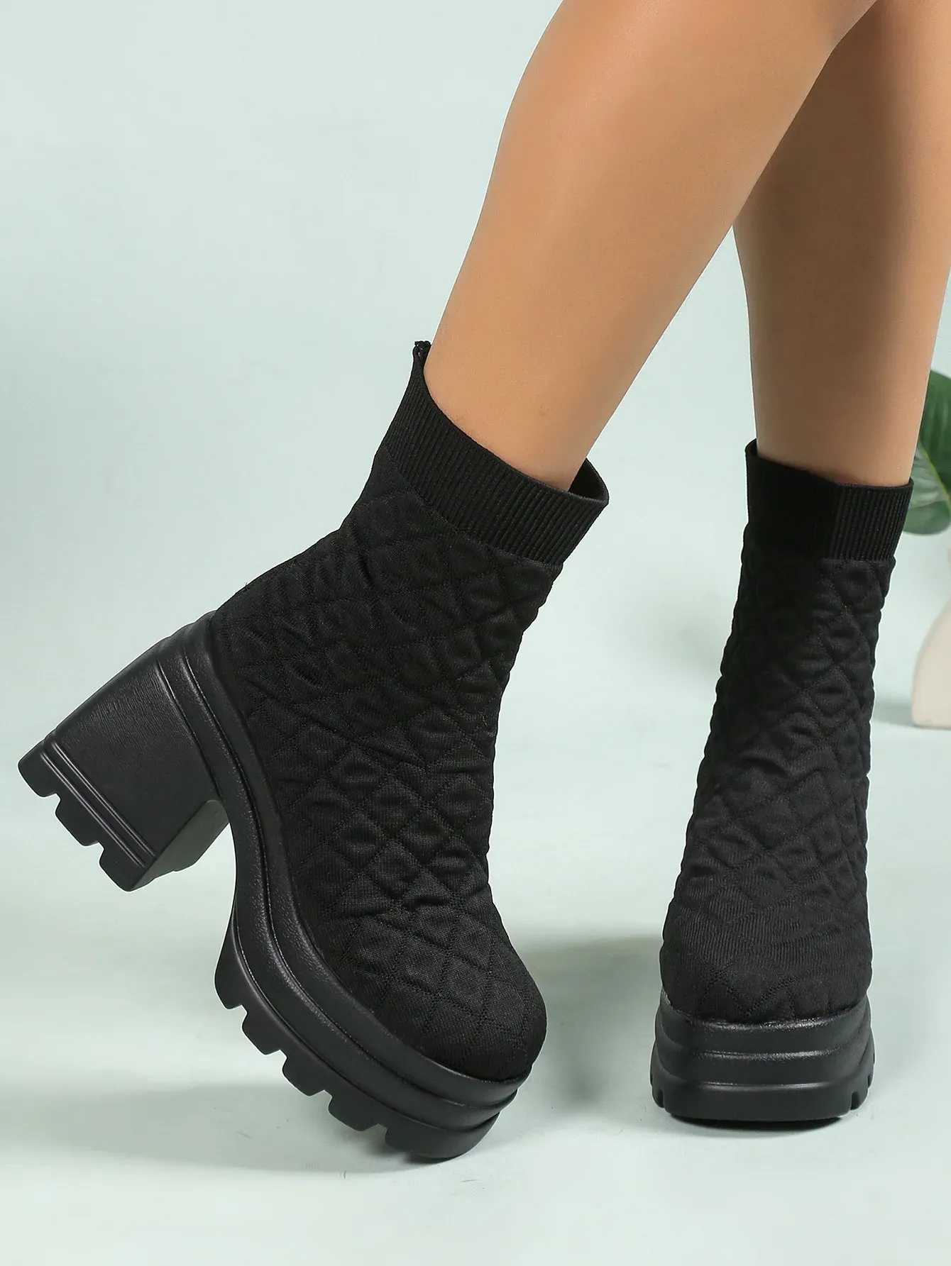 Frauen Stricken Chunky Winter Stretch Socken Stiefel Weibliche Herbst Mode Plattform Slip auf Square Heel Botas De Mujer_voghion.com