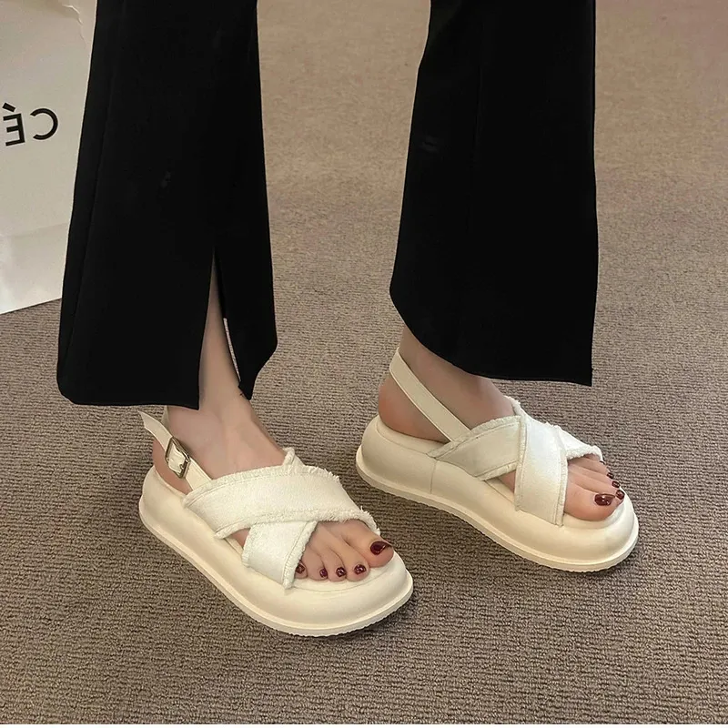 Gladiator Sandals For Women Denim Thick Sole Elegant Beach Shoes_voghion.com