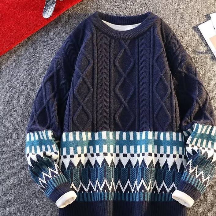 Pull en tricot Fair Isle – Confortable et festif (M-3XL, noir/blanc/bleu marine/orange/rouge, coupe oversize unisexe)_voghion.com
