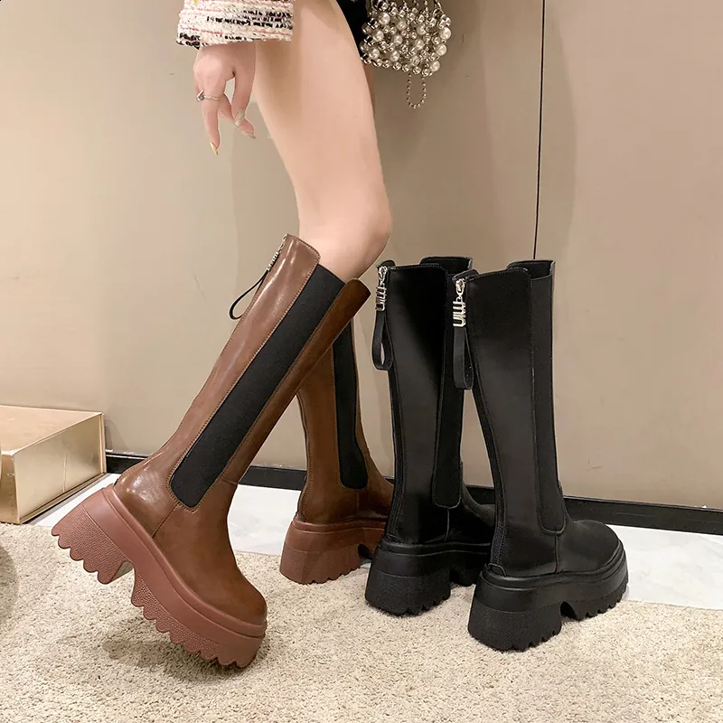 Platform Knee-high Boots For Women Leather Winter Motorcycle Style_voghion.com