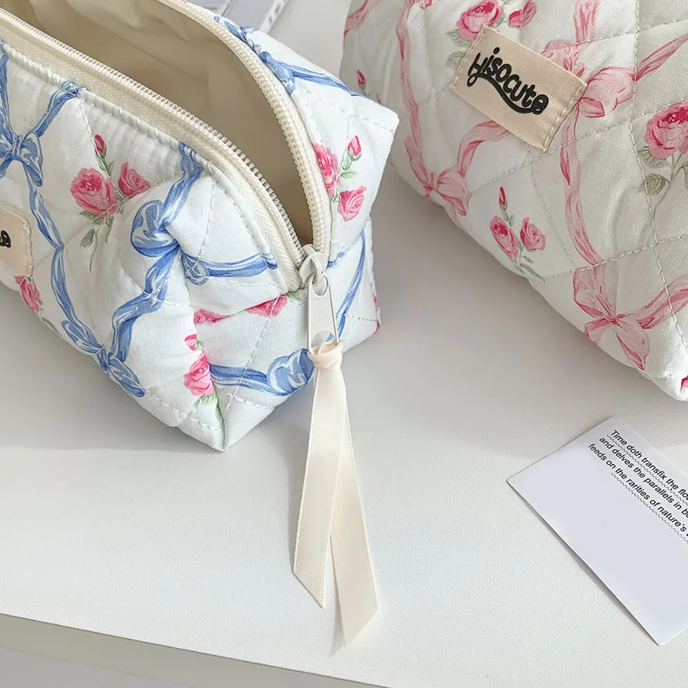 Borsa da trucco con cerniera, grande capacità, portatile, per cosmetici da donna, con fiocco e fiore, per ragazze._voghion.com