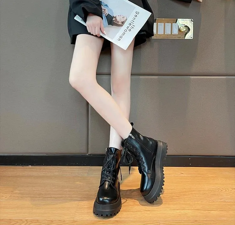 Dam combat boots läder punk stil ankelboots svarta_voghion.com