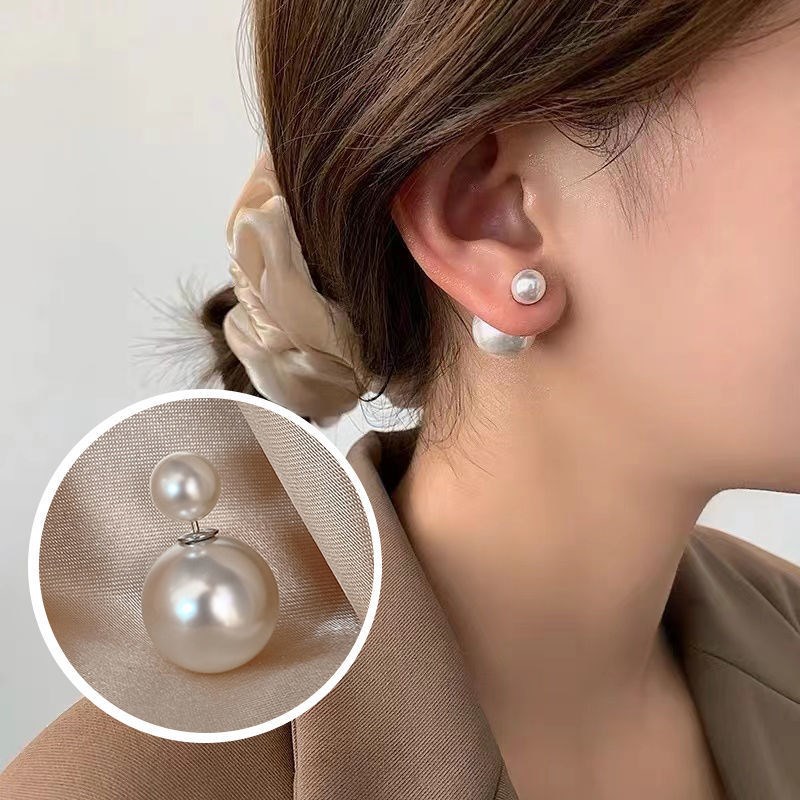925S Needle Shining Double Sided Pearl Earrings Instagram Elegant Women's Jewelry Ear Studs Accessories