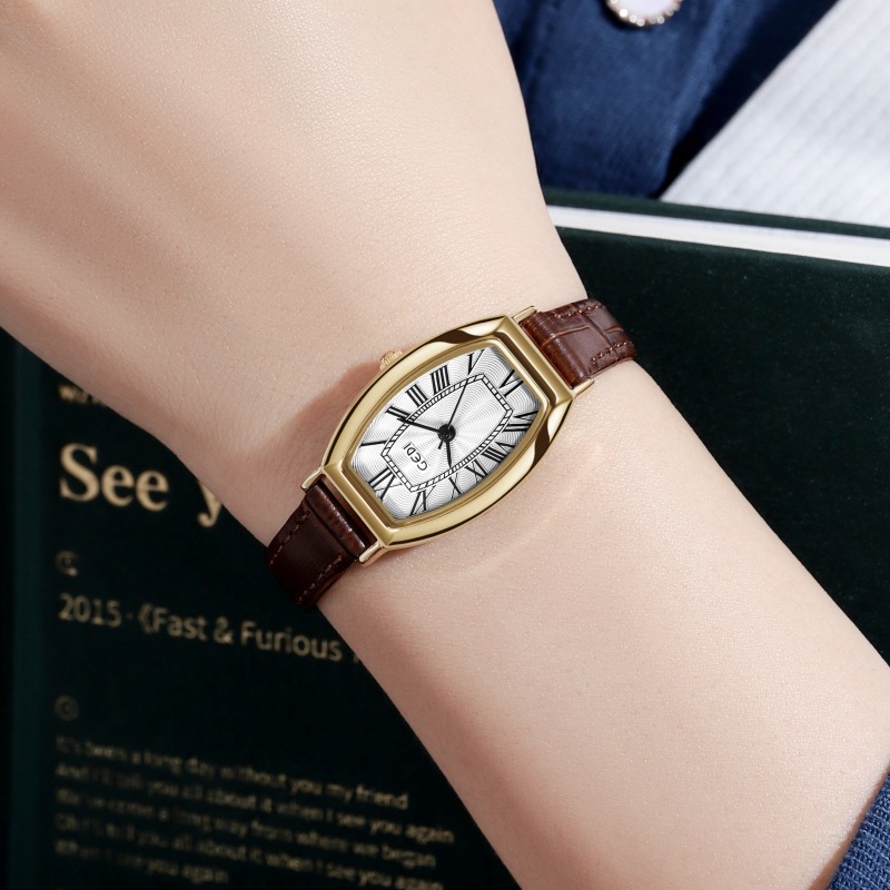Montre à quartz Gordy New avec boîtier en tonneau et chiffres romains pour femme, accessoire de luxe pour étudiante, bracelet en cuir_voghion.com