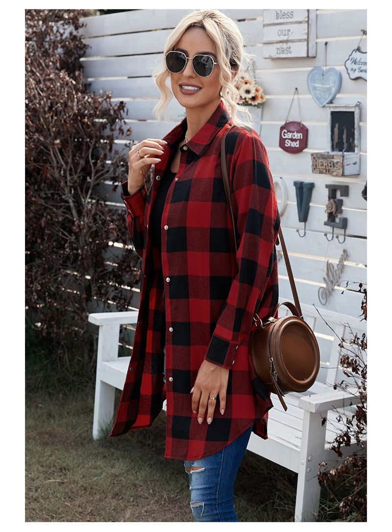 Women's in the long sleeve coat plaid shirt top_voghion.com