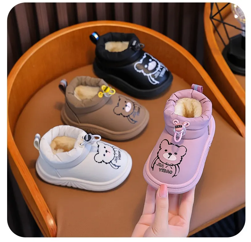 Chaussures d'hiver pour bébés filles et garçons, adorables ours, imperméables, décontractées, en coton pelucheux, à semelles souples et chaudes_voghion.com