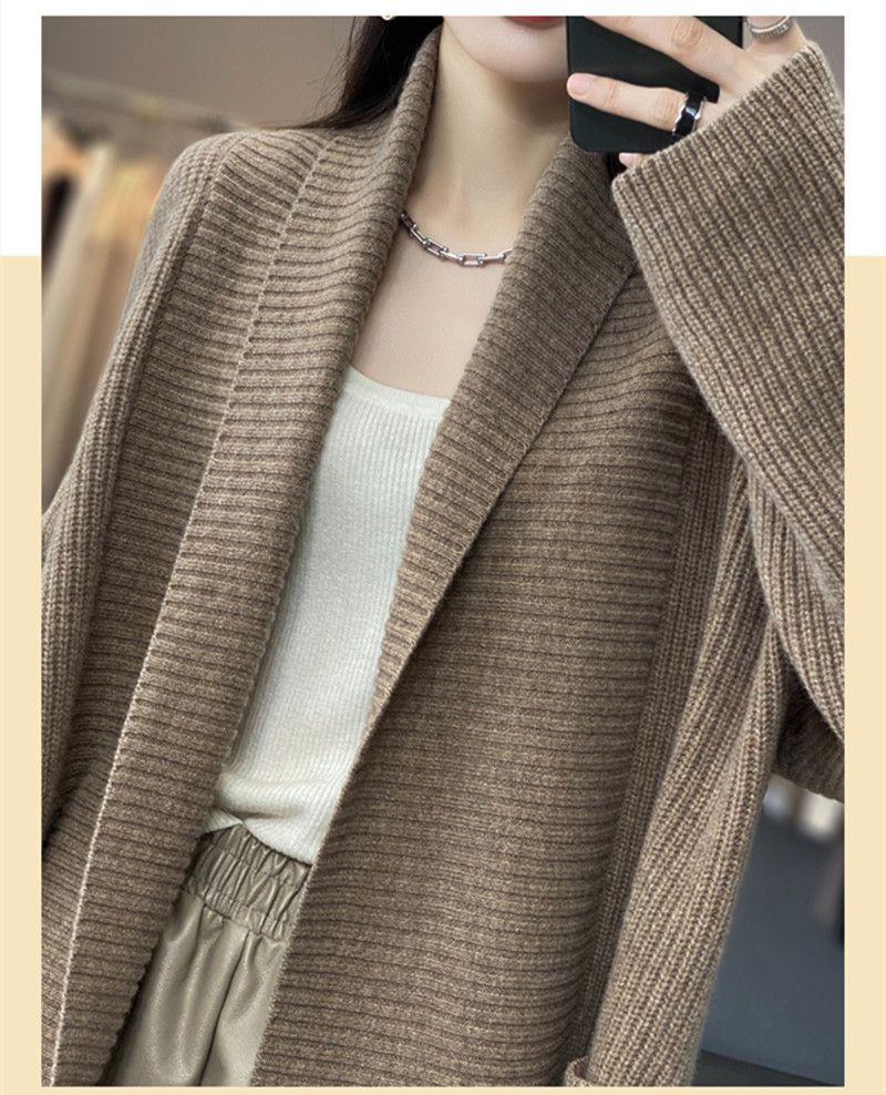 Women's Clothing 2023 mid length lazy style knitted cardigan women's loose design lapel thickened solid color sweater_voghion.com