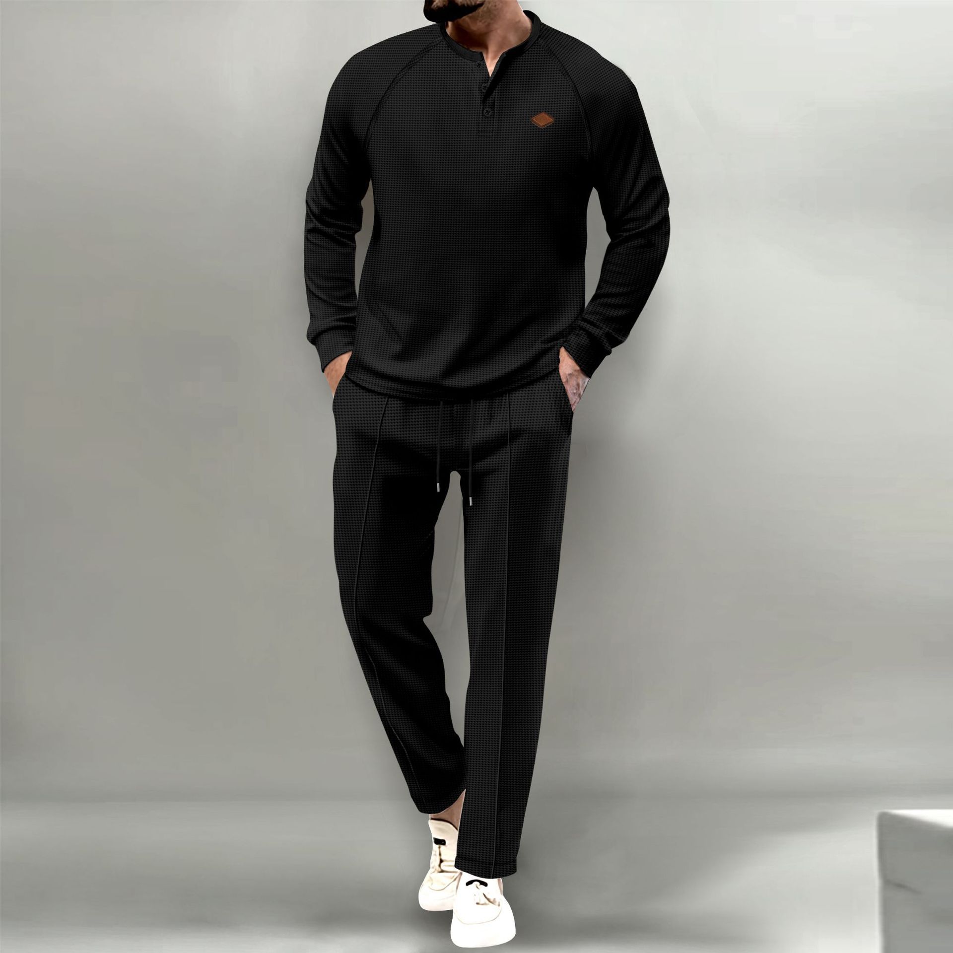 2024 Spring and Autumn New Men's Solid Color Waffler Henley Long sleeved Pants Set_voghion.com