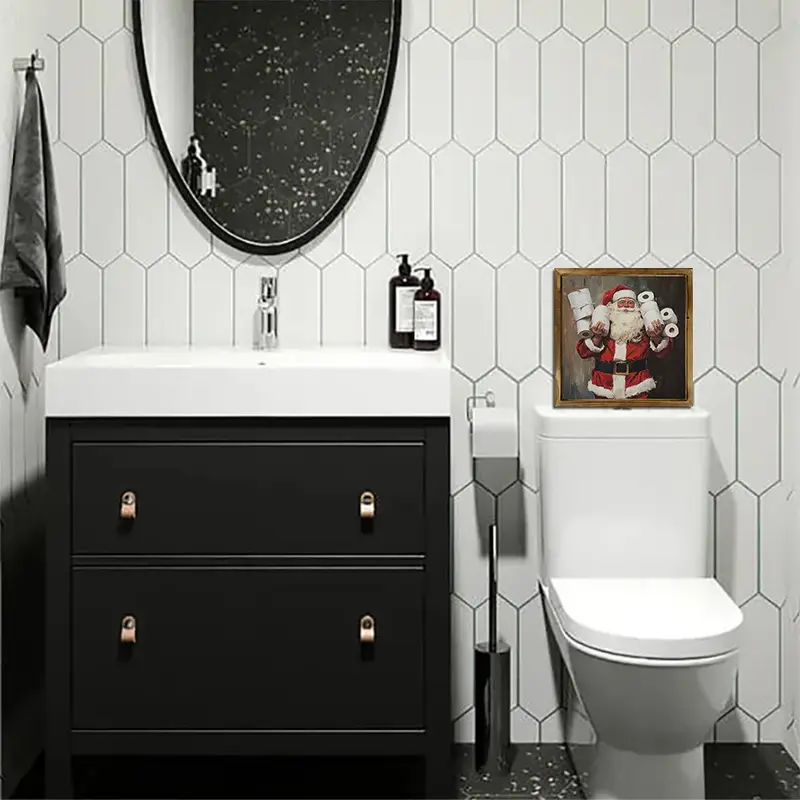 Semn rustic din lemn cu Moș Crăciun, 20x20 cm, semn rustic din lemn cu Moș Crăciun - Decor baie cu ramă pentru casă și birou, artă murală de sărbători_voghion.com