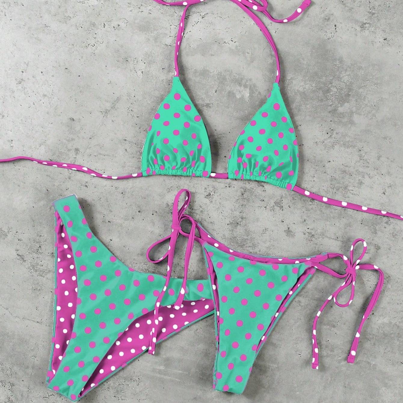 Women's Three Piece Swimsuit Set Multi Color Polka Dots Trendy Triangle Bag With Straps Sexy Double Underwear For Beach Vacation_ecoleips.com