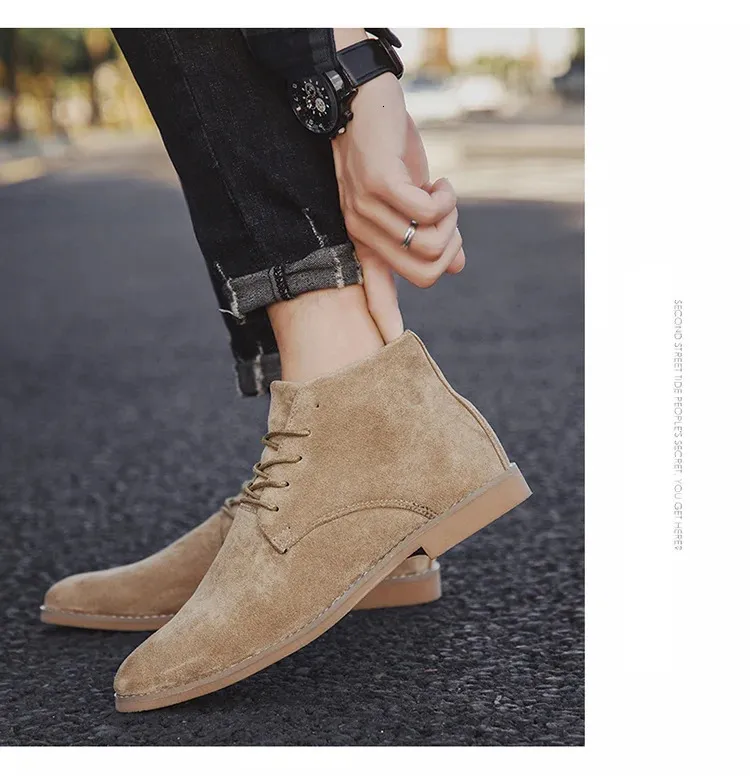 Chaussures en cuir suédé kaki de Style britannique bottines en dentelle confortables hommes Botas Para Hombre 250425_voghion.com