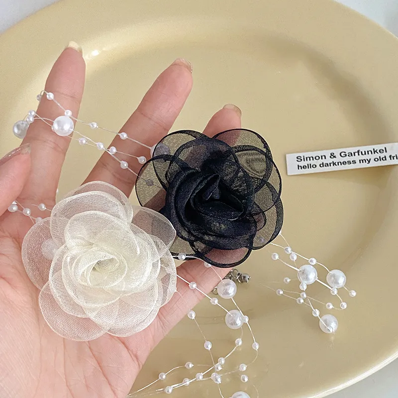 Chaînes Français Romantique Noir Et Blanc Ras Du Cou Fleur Collier De Perles Femme Été Clavicule Chaîne_voghion.com