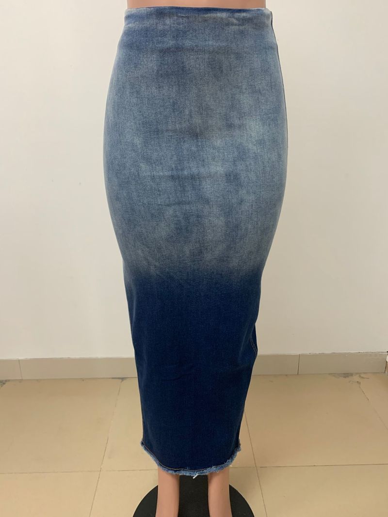 Damenbekleidung Mode Wer Schlitz Fransen Jeansrock_voghion.com