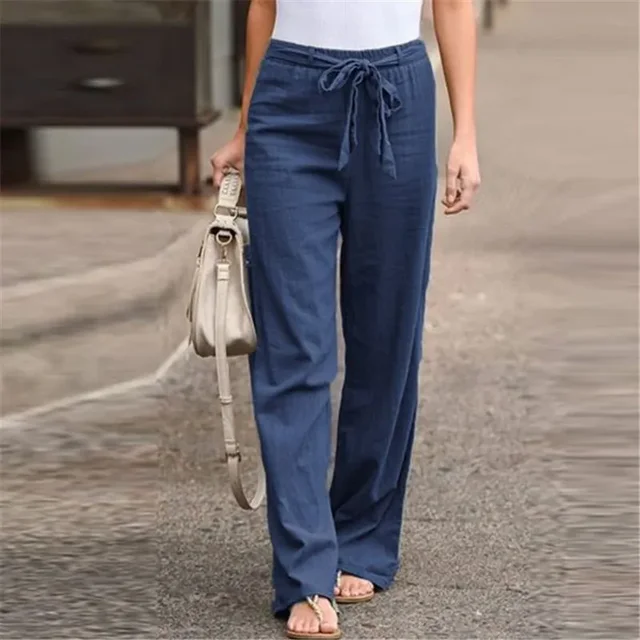 hot selling Women Cotton Linen 2023 Summer Fahion Elatic Wait Looe Straight Pant Female Caual Solid Color Ankle-length_voghion.com