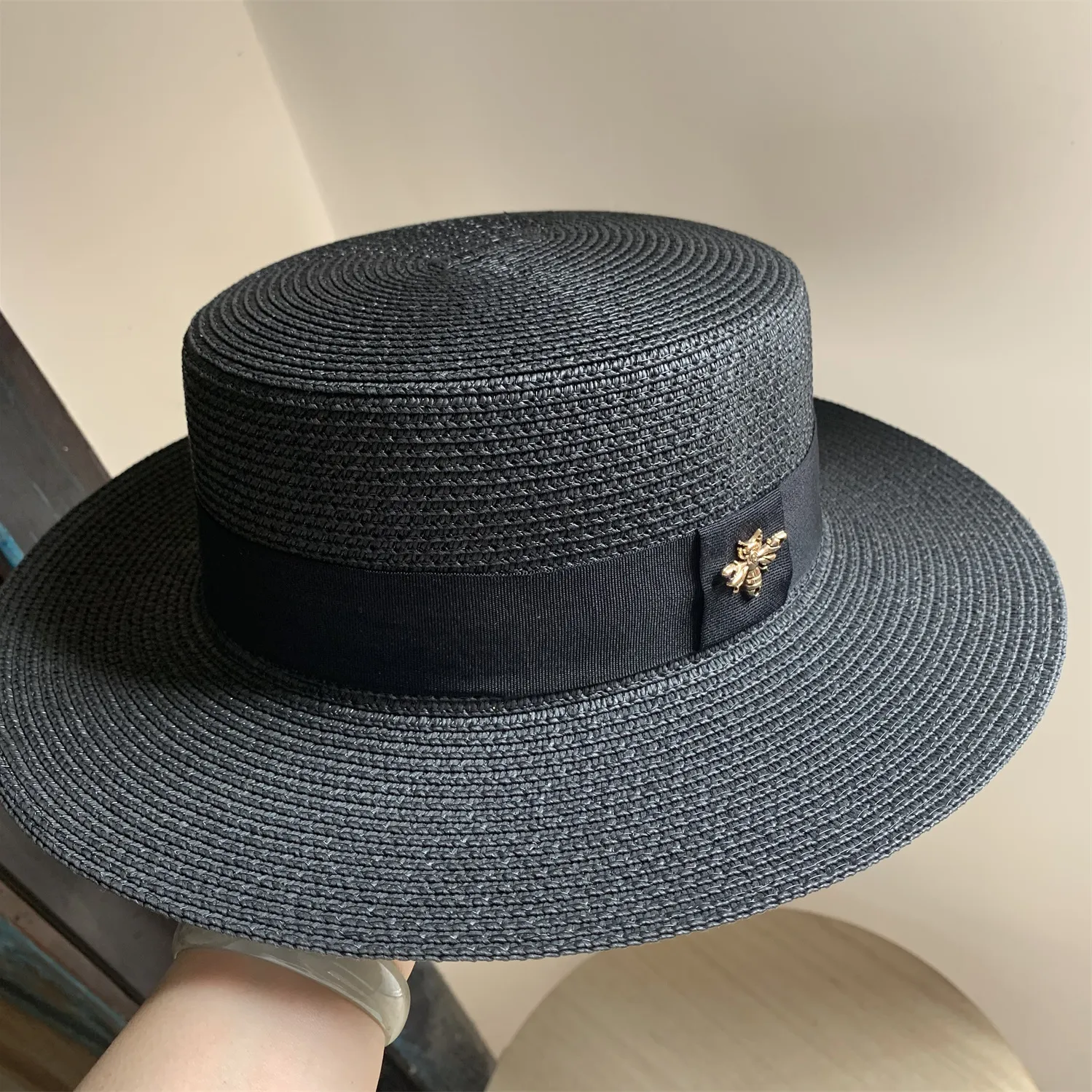 Zomer heren en dames zwarte brede rand platte bovenkant vizier little bee protection resort strand veelzijdige zonnestrohoed_voghion.com