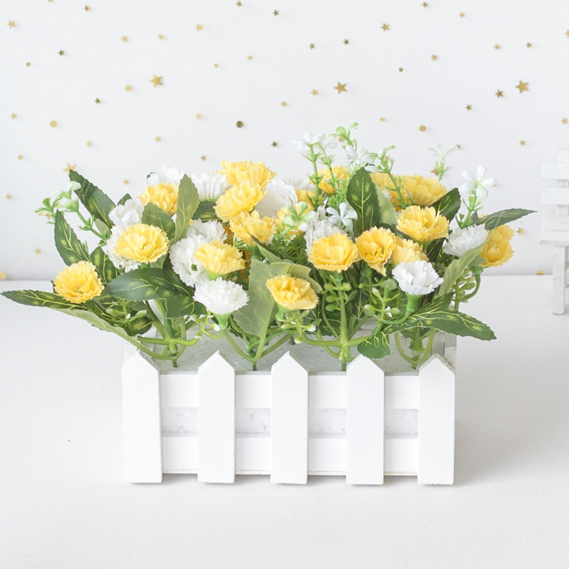 Simulering ornament krukväxter liten bonsai set konstgjorda blommor hantverk vitt staket hantverk dekorativ blomma konst_voghion.com