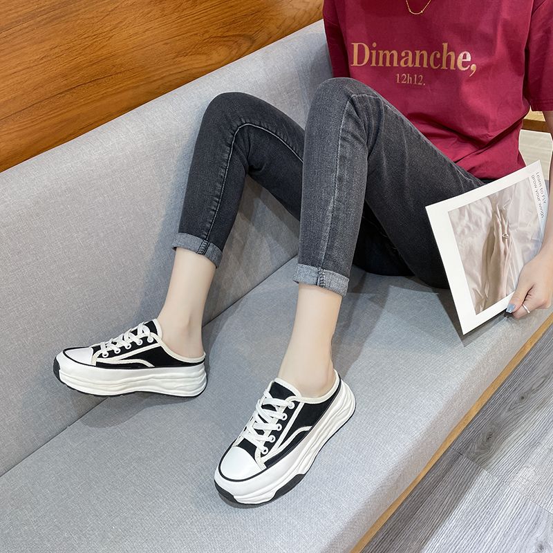 Pantofole casual in tela con lacci e stile Baotou, metà nuovo, primavera-autunno, moda donna 2023_voghion.com