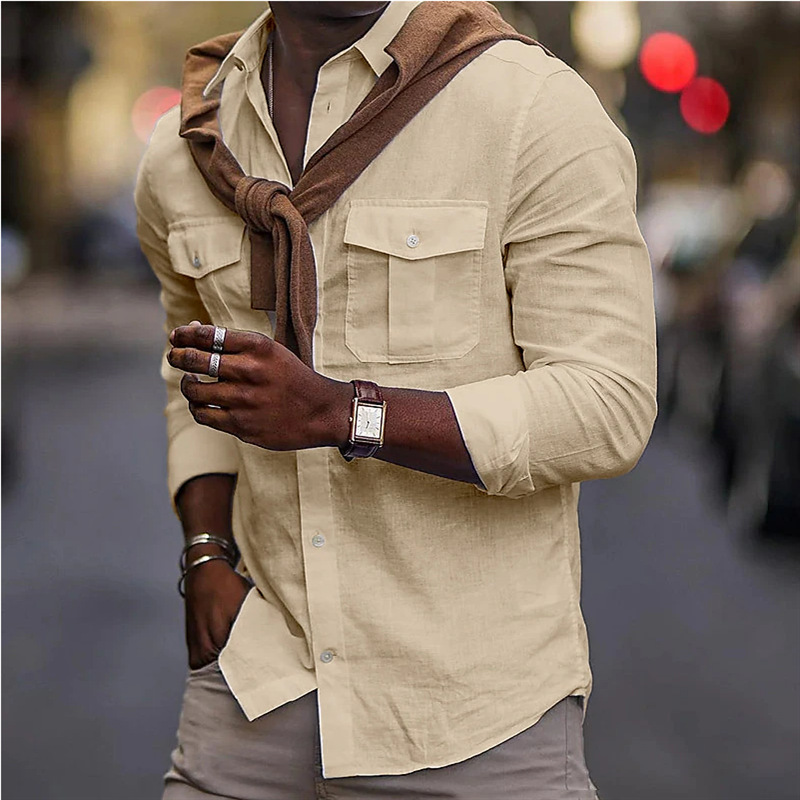 Abbigliamento Uomo Nuova Camicia da uomo in cotone tinta unita con risvolto e tasca_voghion.com
