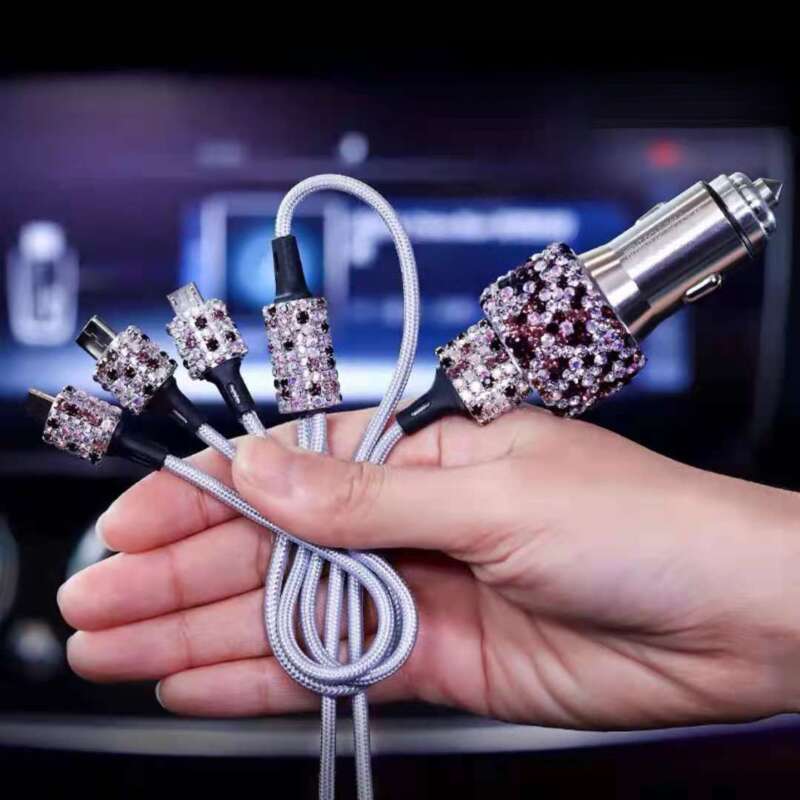Elmas Gömülü Bir ila Üç Hızlı Şarj Veri Kablosu, Araba USB Çakmak, Cep Telefonu Şarj Cihazı_voghion.com