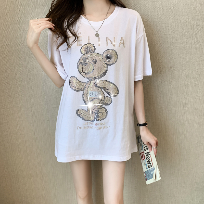 T-shirt estiva a maniche corte nera Bear Hot Diamond da donna in cotone pettinato, versione ampia di media lunghezza_voghion.com
