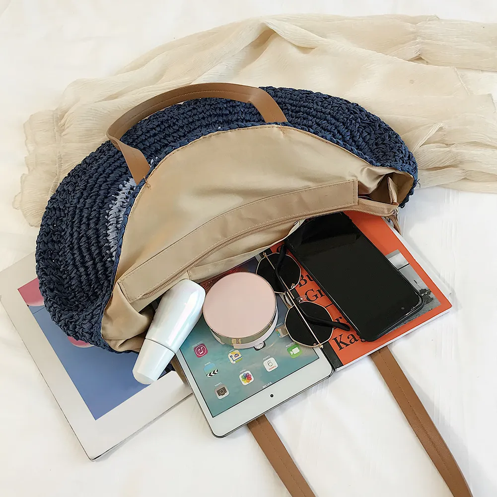 Borsa a tracolla rotonda estiva da donna in rattan intrecciato, in paglia, fatta a mano, da spiaggia, per la spesa, con manico superiore_voghion.com