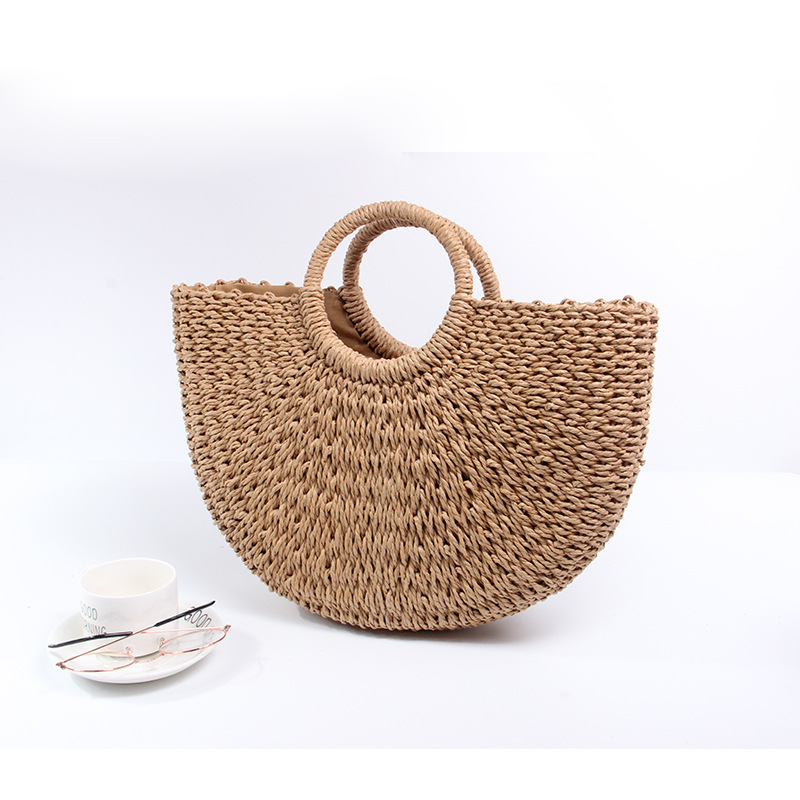spring and summer straw bag paper rope round bucket bag simple woven bag female retro style casual handbag_voghion.com