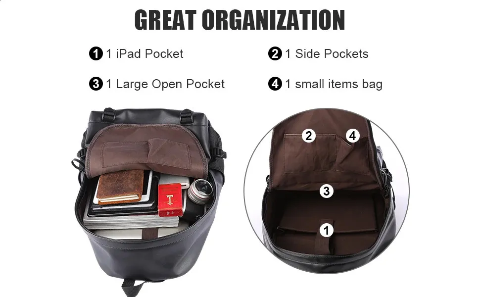 Schwarzer Leder für Herren Business Travel Wasserdichter Daypack PU 16 Zoll Laptop-Rucksack 240829_voghion.com