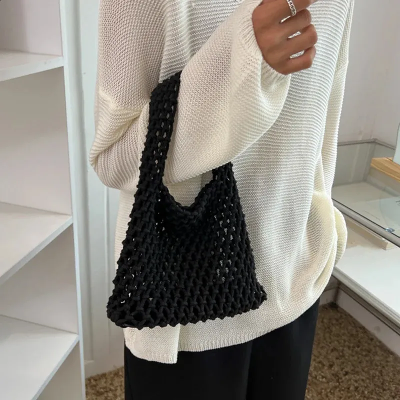 Lässige gewebte Damen-Umhängetaschen, gestrickte Handtaschen, große Kapazität, Shopper-Tasche, weibliche Strand-/Reise-Geldbörsen aus Baumwolle 240826_voghion.com